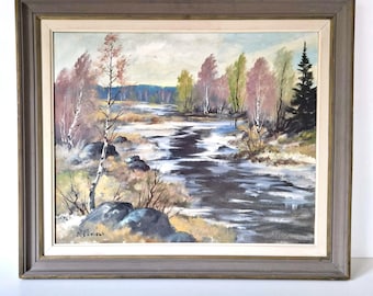 Pintura a óleo de paisagem ribeirinha vintage emoldurada - década de 1960 | 73 x 62 cm Duty Free EUA