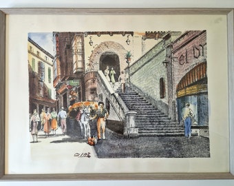 Puede incluir: Una pintura al agua de una escena callejera en una ciudad europea. La pintura presenta un conjunto de escaleras que conducen a un arco, con edificios a cada lado. Hay personas caminando por la calle y las escaleras, y un burro cargando una carga de mercancías. La pintura está enmarcada en un marco de madera claro.