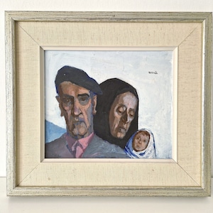 Vintage Modernist Family Portrait Painting – expressive emotional faces by listed artist Tom Fahlroth | 35 x 32 cm Duty Free USA