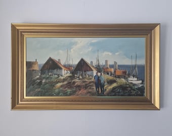 Harbor wharf fishing scenery | Oil Painting on canvas | gold framed | 57 x 97 cm
