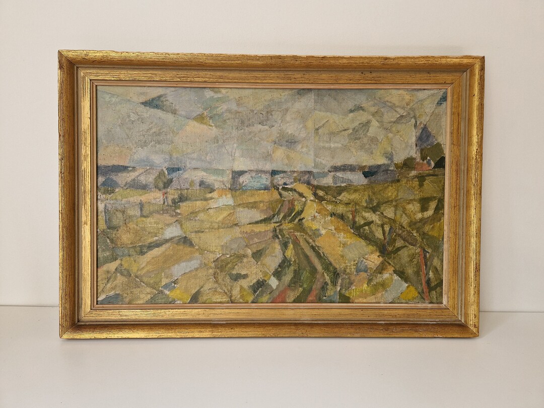 Cubist Landscape, Oil on Canvas in Frame, Listed Artist, Ready to Hang