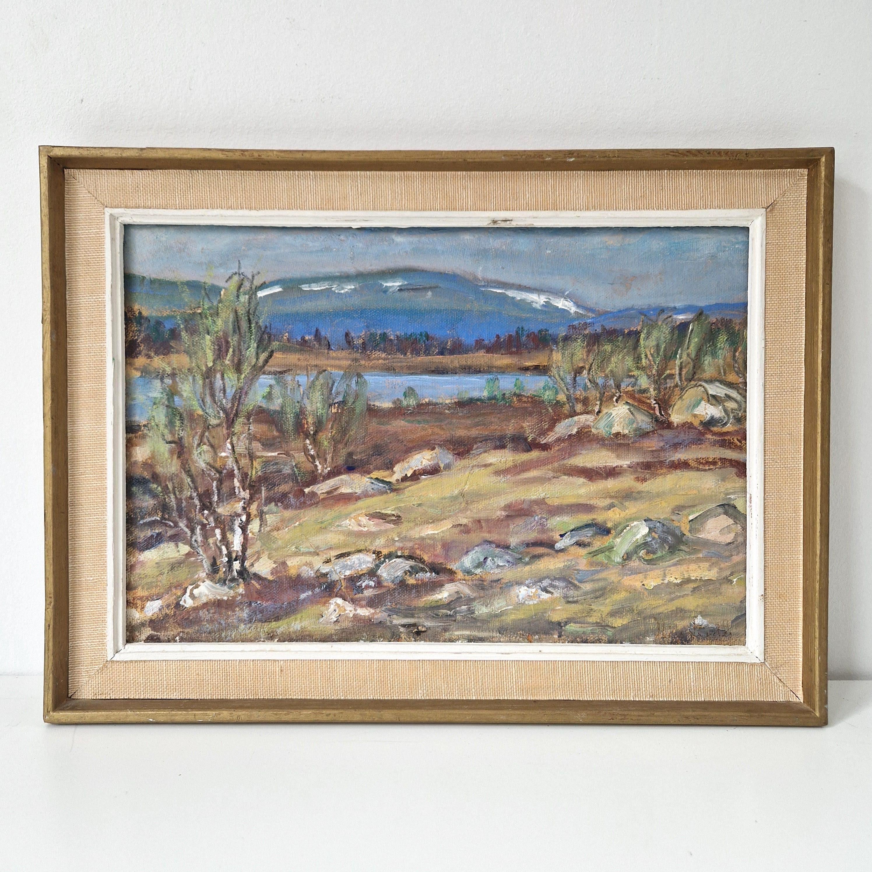 スウェーデン風景油絵：山の湖畔の小屋の装飾（17.1 x 12.6インチ 