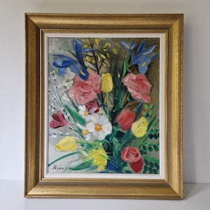Still Life Oil Painting Framed - Colorful Flowers in Blue vase - Original Artwork - Framed - Ready to hang | Wall art