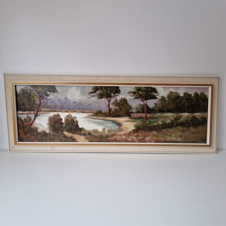 Original Forest Lake Oil Painting: Rustic Cabin Landscape Art (43.7x16 ...