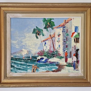 Mediterranean Harbor Oil Painting: Framed Expressionist Seascape (55 x 48 cm)