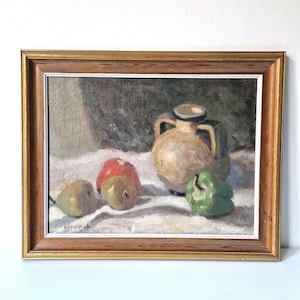 Original Oil Painting | Swedish Artist Signed 1968 | Modern Impressionist Still Life | Pears, Paprikas & Vase | Vintage Art for Home Decor