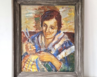 Swedish modernist oil painting portrait, woman sewing clothes, by Carl B Berglund - 1930s | 54 x 64 cm | Duty free USA