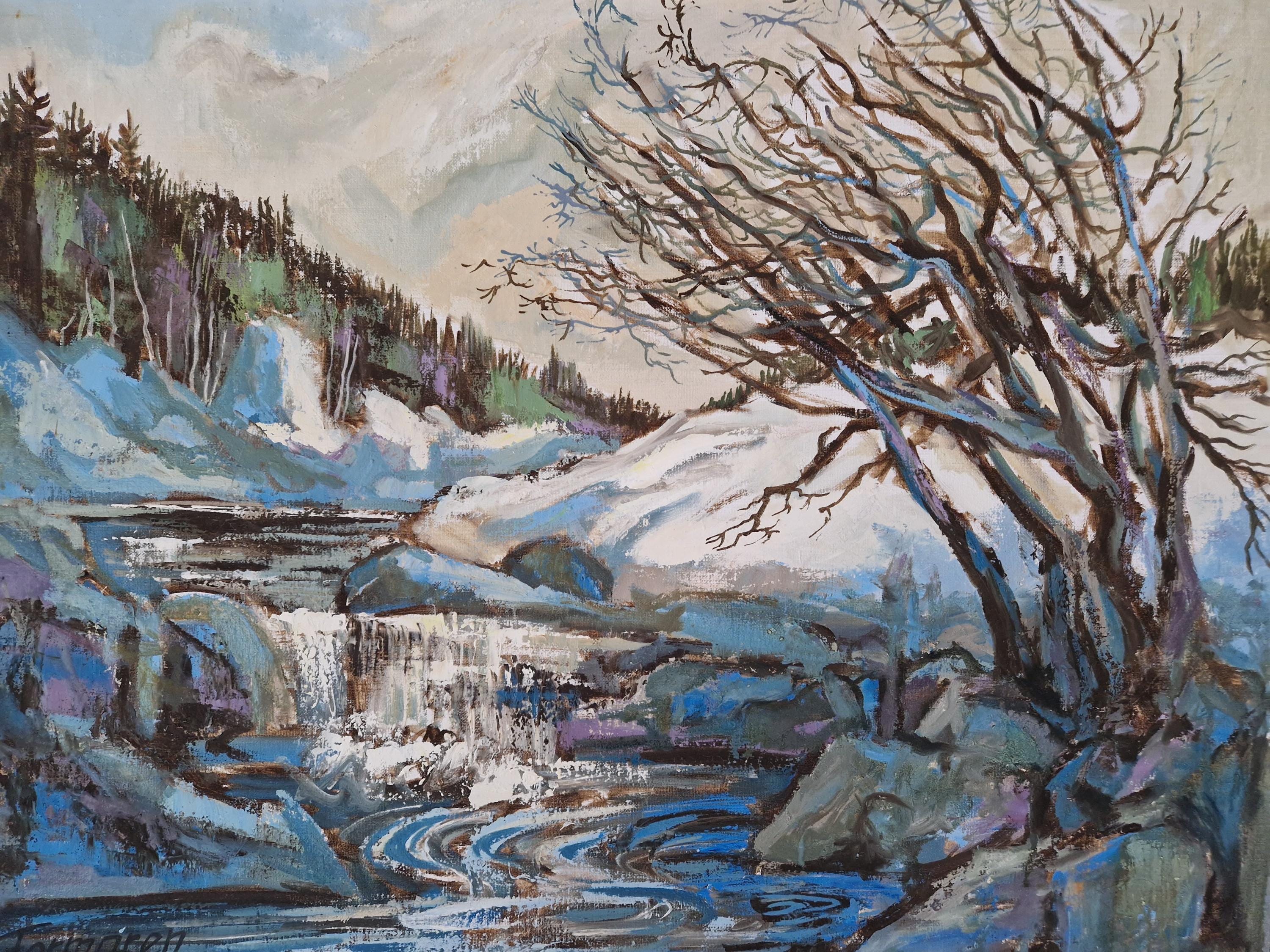 ヴィンテージ冬景色油絵：額入り山川風景（71 x 88 cm） - Etsy 日本