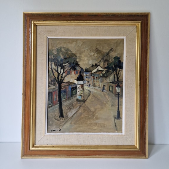 絵画 　パリ　油絵 O. Wallin作、ヴィンテージのパリの街並みを描いた油絵、額入り