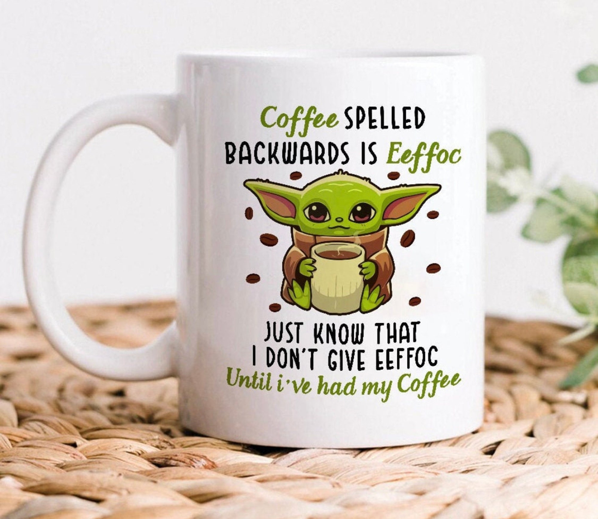 Baby Yoda coffee spelled backwards is eeffoc mug sold by April Girl SKU 156092 Printerval Canada