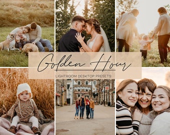 May include: A collage of images showcasing the golden hour light. The images feature families and couples in various settings, including a park, a town square, and a field of tall grass. The text "Golden Hour Lightroom Desktop Presets" is displayed in the center of the collage.