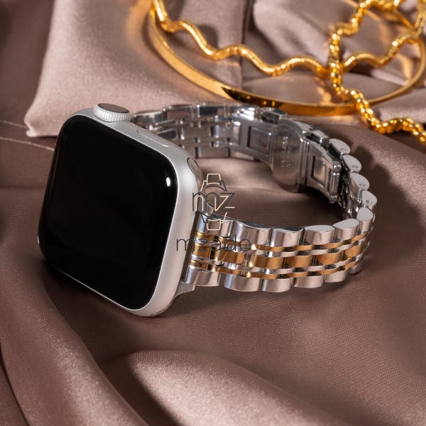 Apple Watch Band Women Two Tone Stainless Steel Slim Bracelet, Gold Silver Rose Black Starlight, Series 3–11