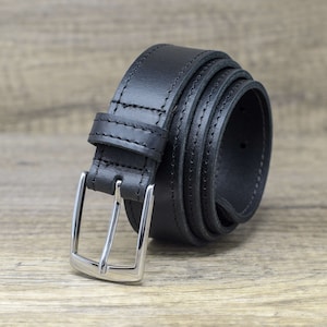 Full Grain Leather Edge Stitched 34mm Belt by Ashford Ridge with Silver Buckle (1.25&quot;) in Black, Gifts for Men, Valentines Present, Birthday