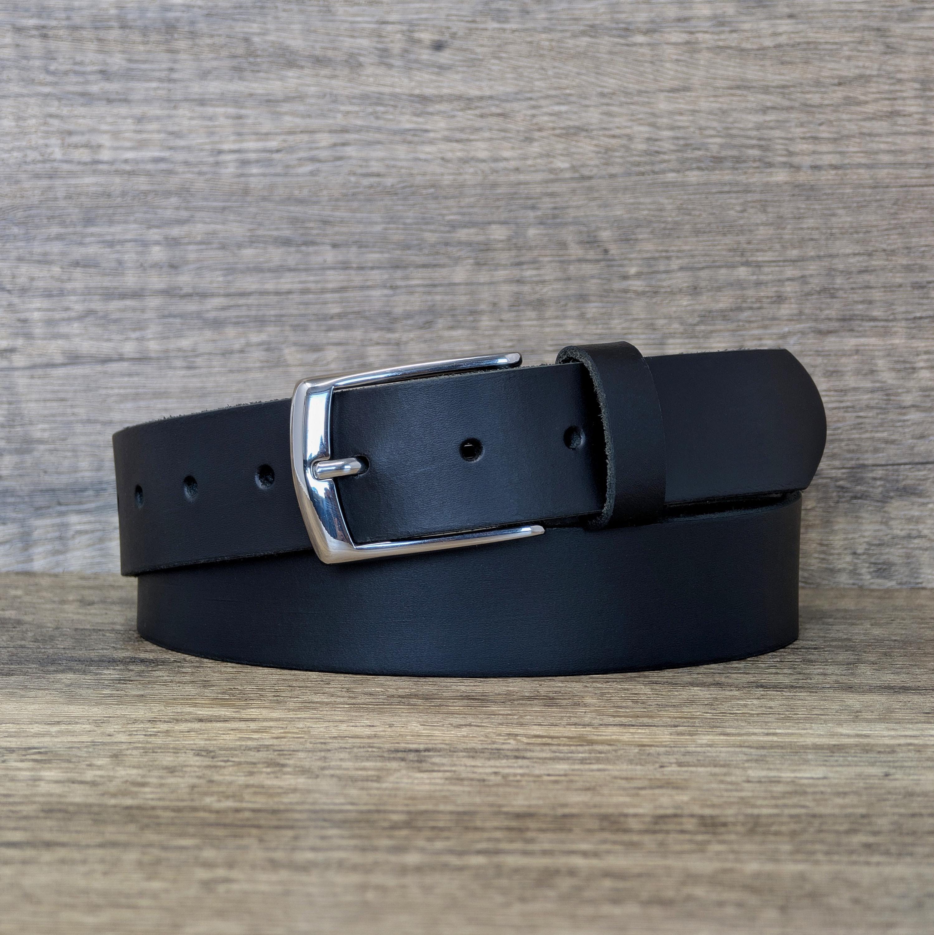 black full grain leather dress belt 35mm Real with Silver Rounded Buckle invisible zip