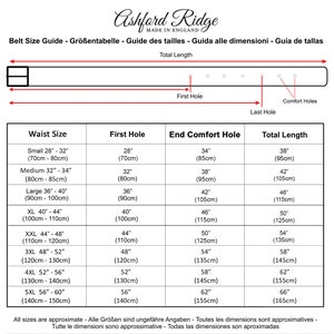 May include: A chart showing belt size guide with waist size, first hole, end comfort hole, and total length measurements in inches and centimeters.