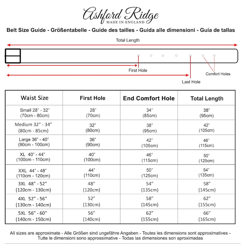 May include: A chart showing belt size guide with waist size, first hole, end comfort hole, and total length measurements in inches and centimeters.