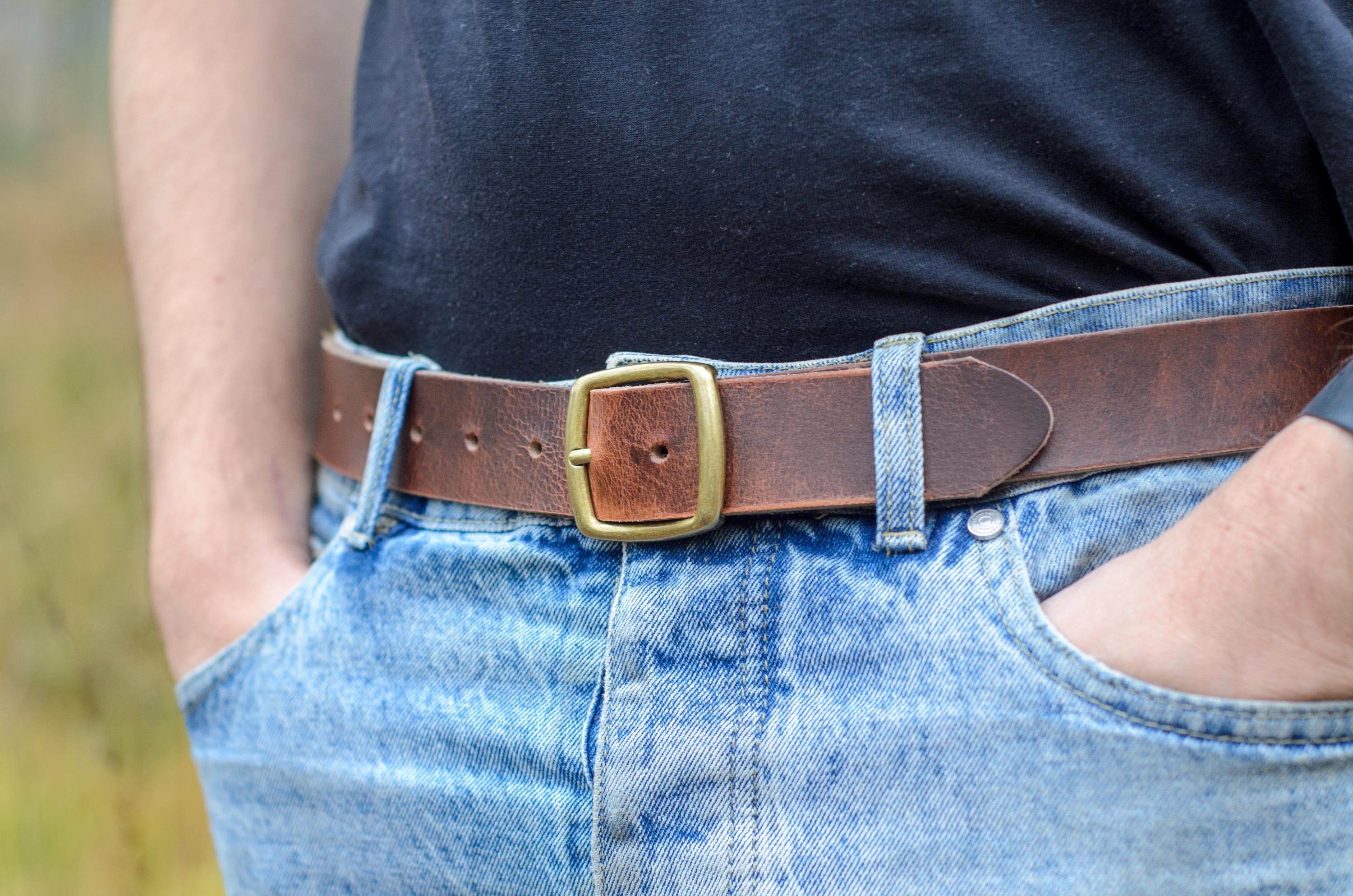 Full Grain Real Leather 34mm Belt with Brass Colour Full Buckle by Ashford Ridge (1.25") in Antique Brown