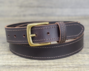 Full Grain Leather Belt: Brown Edge Stitched Belt with Brass Buckle