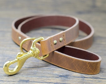 Guinzaglio per cani in pelle pieno fiore color cuoio con moschettone in ottone massiccio - Prodotto in Inghilterra