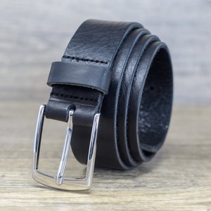 Italian Leather Belt with Silver Buckle by Ashford Ridge (35mm, 1.25&quot;) Black Made in England, Gifts for Men, Valentines, Anniversary Present