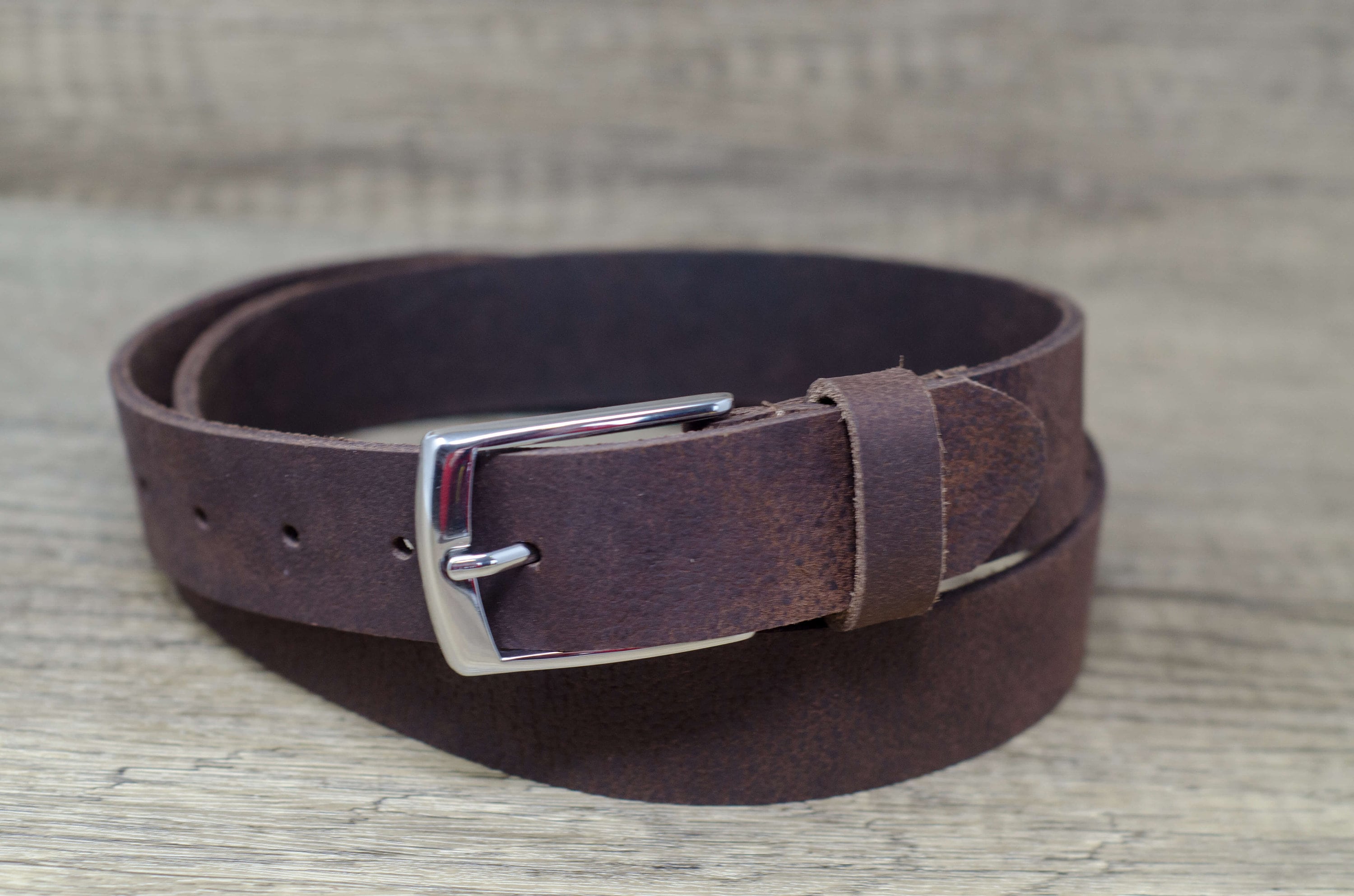 Full Grain Leather Belt: Vintage Brown Ashford Ridge, Silver 