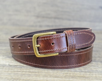 Full Grain Leather Belt: Edge Stitched Antique Brown Belt with Brass Buckle