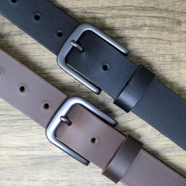 Mens Full Leather Belt Twin Pack in Black & Brown - 34mm Wide, Made in Dorset Real Hide Gift Set for Him