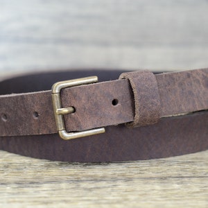 Full Grain Leather 25mm (1") Belt with Distressed Brass Colour Buckle by Ashford Ridge in Vintage Brown