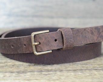 Full Grain Leather Belt: Vintage Brown with Distressed Brass Buckle
