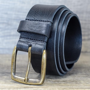 Mens Italian Real Leather Belt with Brass Colour Buckle, 40mm (1.5&quot;) in Black Made in England, Gifts for Men, Anniversary, Birthday, Husband