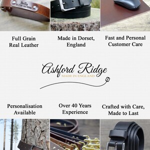 May include: A collage of images showcasing leather belts and dog collars made by Ashford Ridge, a company based in Dorset, England. The company highlights its use of full grain real leather, craftsmanship, and personalized options. The text "Ashford Ridge Made in England" is featured in the center of the collage.