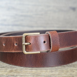Full Grain Leather Belt: 25mm Antique Brown Belt with Brass Buckle, Personalized