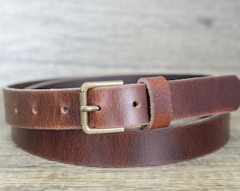 Full Grain Leather 25mm (1") Belt with Distressed Brass Colour Buckle by Ashford Ridge (1") in Antique Brown