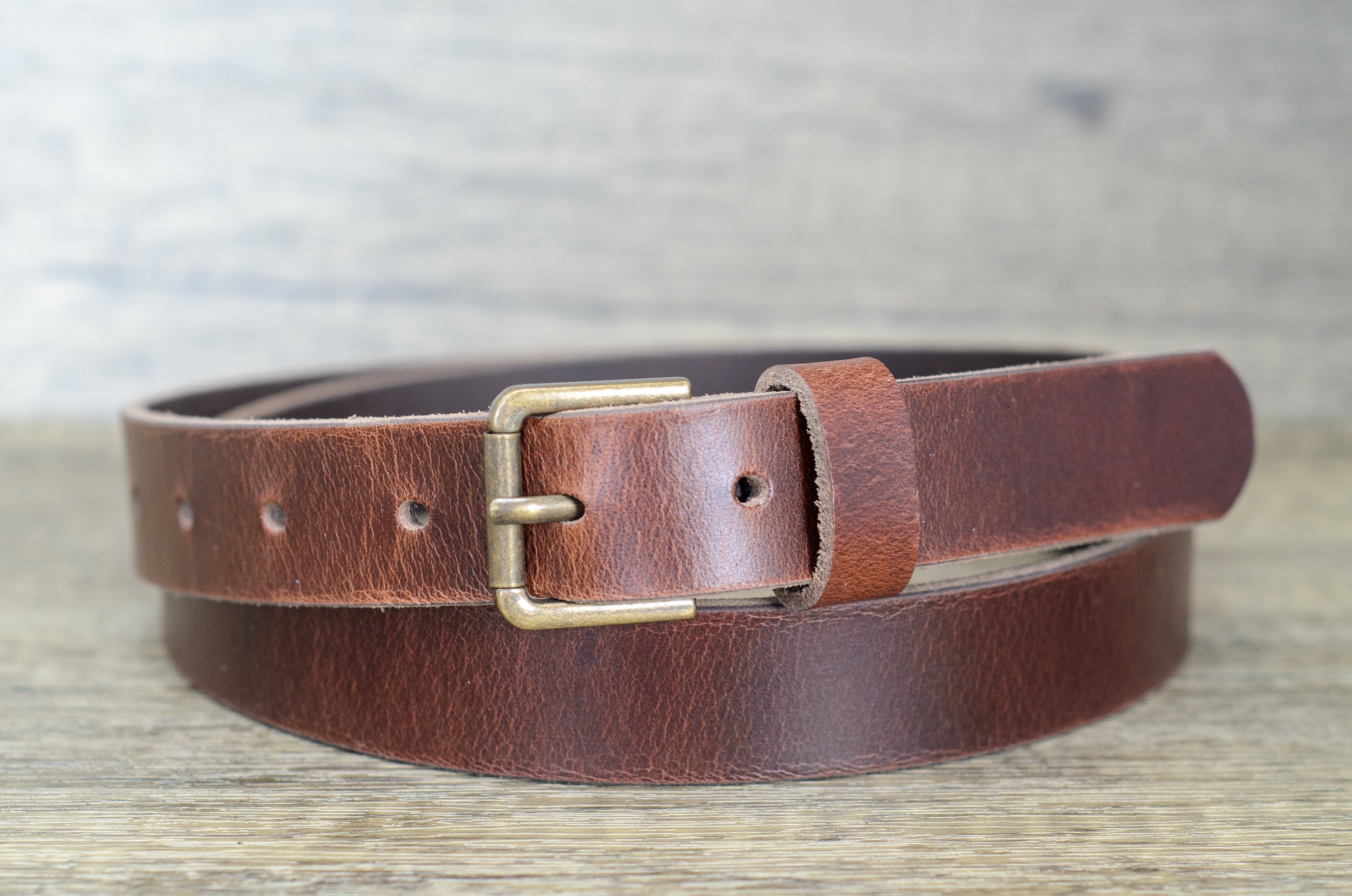 Full Grain Leather 25mm (1") Belt with Distressed Brass Colour Buckle by Ashford Ridge in Antique Brown, Personalised, Gift, Christmas Gift