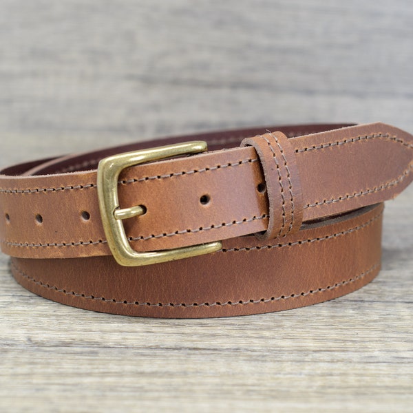Full Grain Leather Edge Stitched 34mm Belt with Brass Colour Buckle by Ashford Ridge (1.25") in Tan