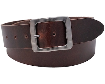 May include: A brown leather belt with a silver buckle. The buckle has a slightly distressed look.
