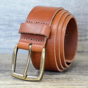 Mens Italian Real Leather Belt with Brass Colour Buckle, 40mm (1.5&quot;) in Tan Made in England, Gifts for Men, Anniversary, Birthday, Husband