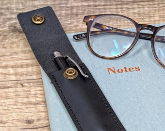 Personalised Real Leather Pen Holder Case Pouch in Black Leather, Single Pen, Made in England Gifts for Her, Gifts for Him, Birthday