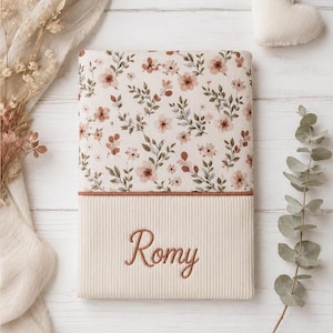 Protège carnet de santé personnalisé bébé - Velours & coton imprimé - Prénom brodé - Cadeau naissance fait main France