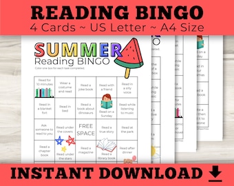 Pode incluir: Um jogo de bingo de leitura de verão imprimível com um gráfico de picolé de melancia. O cartão de bingo inclui atividades relacionadas à leitura, como ler por 10 minutos, ler na cama e ler um capítulo. O texto diz "Download instantâneo".
