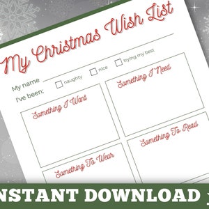 Weihnachtswunschliste ausdrucken, Wunschliste für Kinder, Brief an Santa Claus PDF - US Letter Size