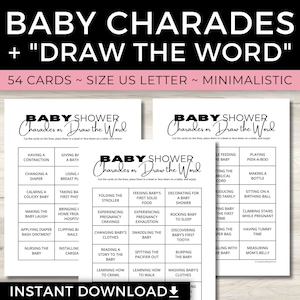 Baby Shower Charades, Printable Baby Shower Games, &quot;Draw the Word&quot; Minimal Gender Reveal Game - PDF
