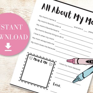 Todo sobre mi mamá Carta imprimible, Regalo del niño, Manualidad del Día de la Madre, PDF imprimible