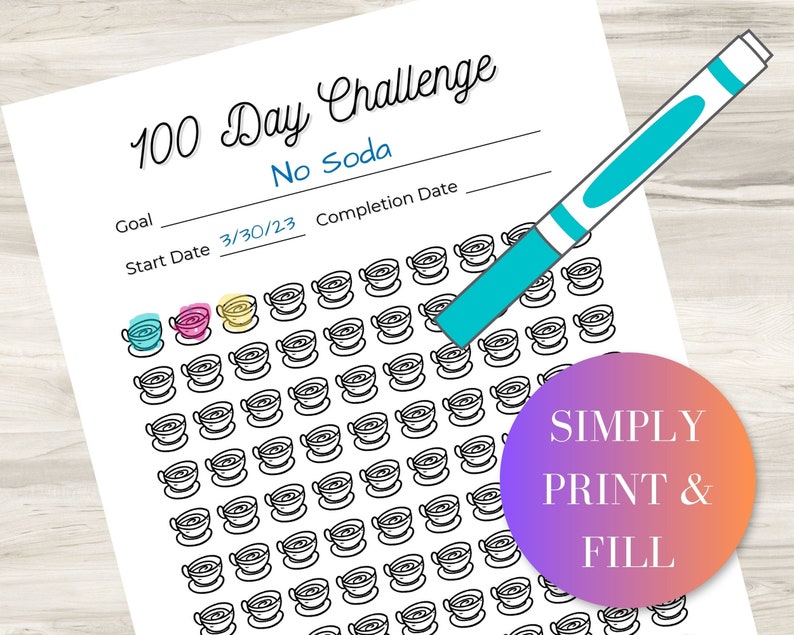 100 Days Challenge Printable Habit Tracker, Goal Tracker Coloring Page