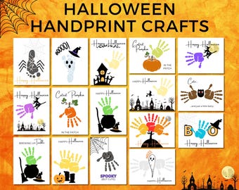 May include: A set of 12 printable Halloween handprint craft ideas. Each card features a different Halloween theme, such as a ghost, a pumpkin, a witch, and a spider. The cards are perfect for creating fun and personalized Halloween crafts with kids.