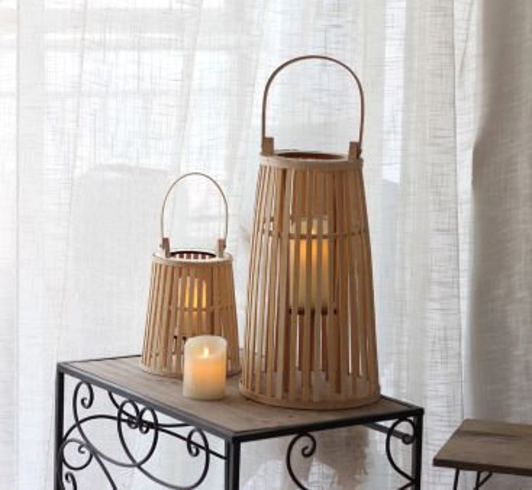 Bamboo Lantern, Candle Holder, Handmade Home Decor, Waven, Vintage