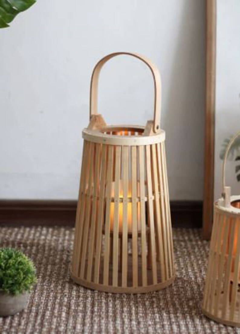 Bamboo Lantern, Candle Holder, Handmade Home Decor, Waven, Vintage