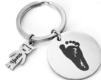 Porte-clés Personnalisé en Inox Miroir avec Empreinte de Pied ou de Main - Un Touchant Souvenir de Naissance