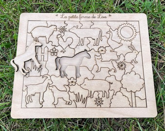 Personalized wooden puzzle with farm animals, horse, cow, cat, dog... and the text of your choice