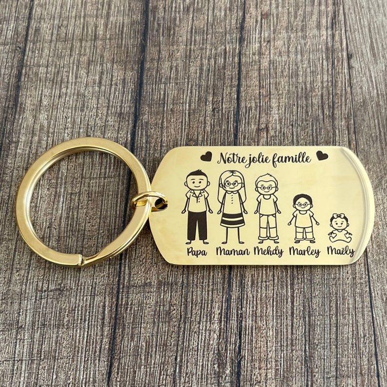 Porte clé personnalisé gravé famille en métal acier inoxydable, idée cadeau noël, fête des mamies, des mères, papa, maman... Or jaune
